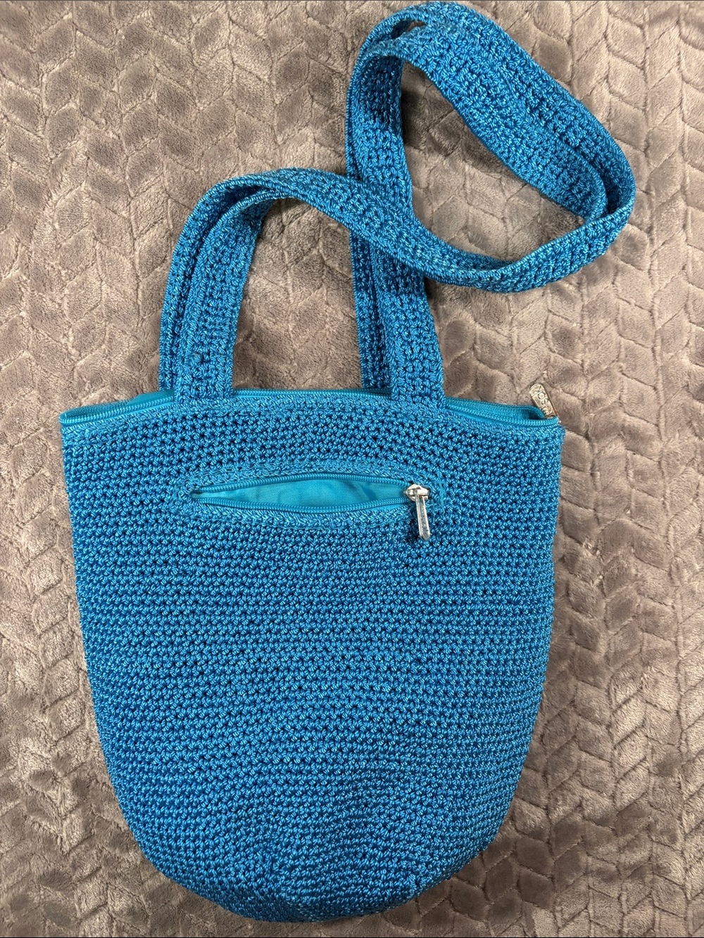 VGUC The Sak Handwoven Blue Crochet Shoulder Bag w/Front Zip Pocket